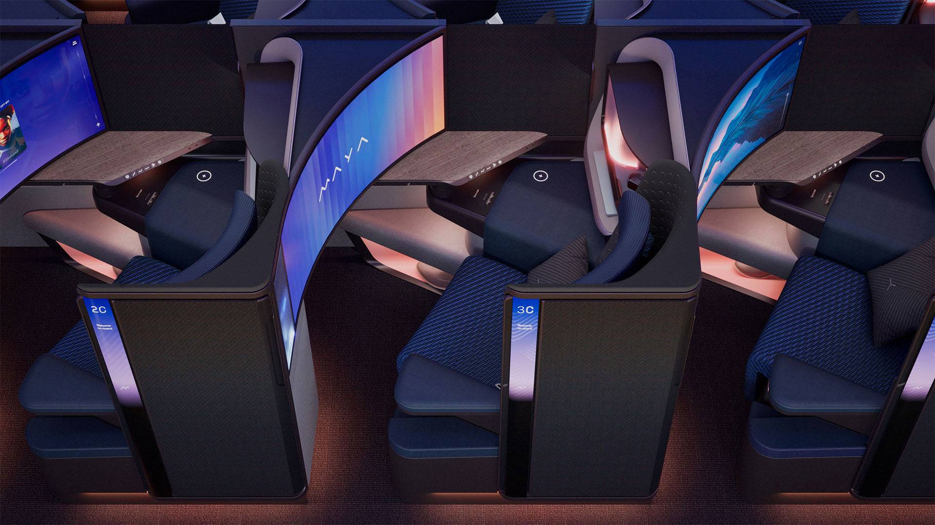 Cabin overview of the Collins Aerospace and Panasonic Avionics MAYA seat